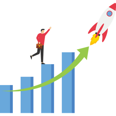 Businessman looking at financial report chart with exponential arrow flying rocket  Illustration