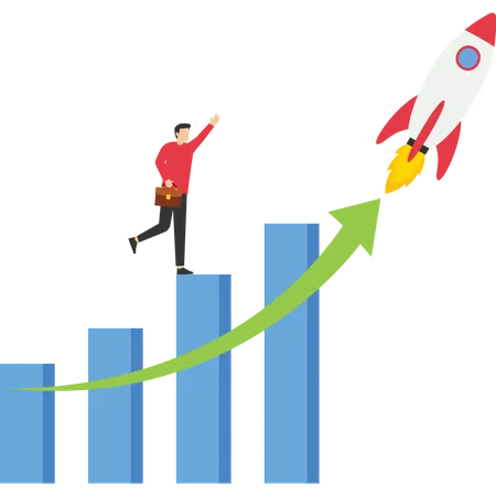 Businessman looking at financial report chart with exponential arrow flying rocket  Illustration