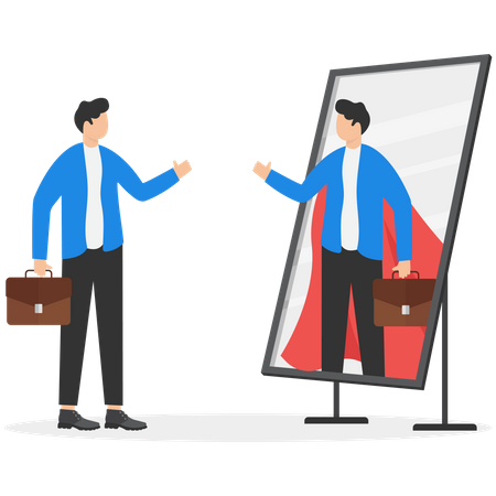 Businessman looking at his strong ideal self superhero reflection mirror  Illustration
