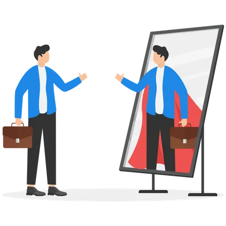 Businessman Looking At His Strong Ideal Self Superhero Reflection Mirror Self Confidence Positive Attitude To Success Determination To Achieve Goals Vector Illustration Illustration