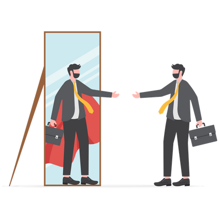 Businessman looking at his strong ideal self superhero reflection mirror  イラスト