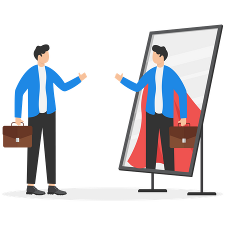 Businessman looking at his strong ideal self superhero reflection mirror  Illustration