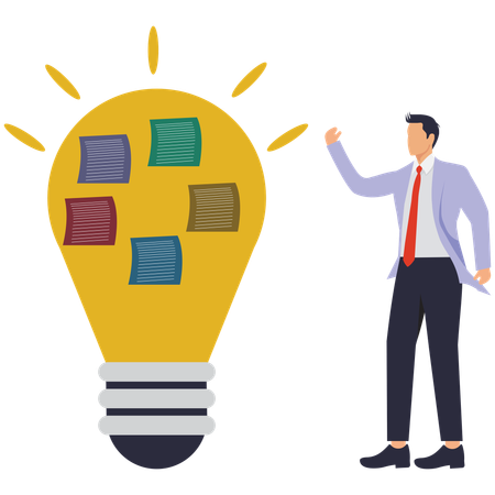 Businessman looking at many notes attached to bulb  Illustration