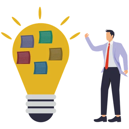 Businessman looking at many notes attached to bulb  Illustration