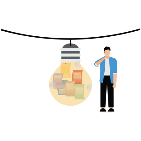 Businessman looking at many notes attached to bulb  Illustration