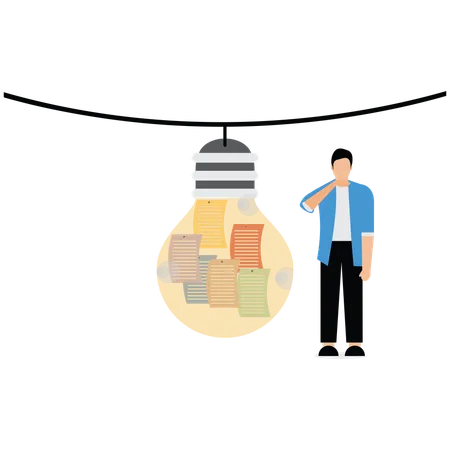 Businessman looking at many notes attached to bulb  Illustration