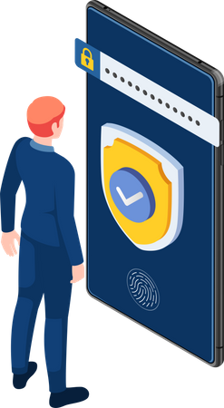 Businessman looking at mobile device security  Illustration