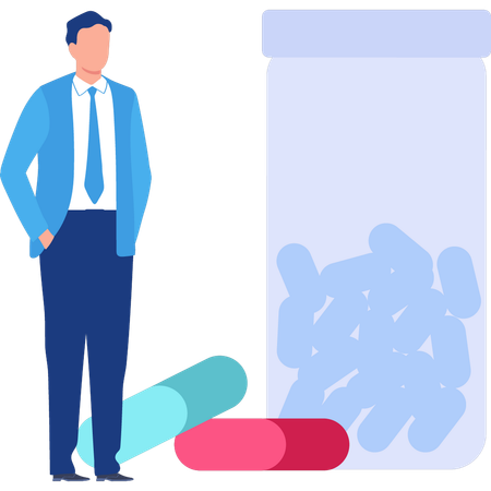 Businessman looking at pills jar  Illustration