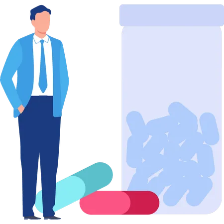 Businessman looking at pills jar  Illustration