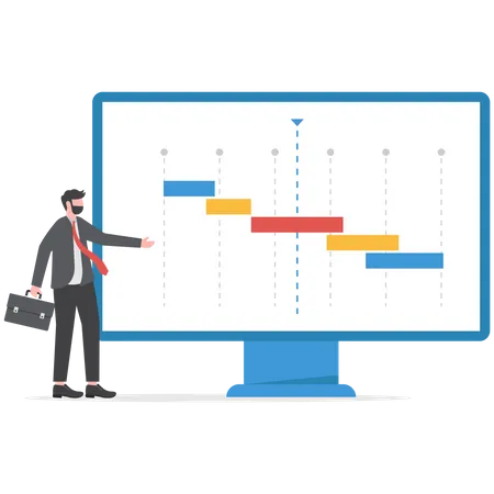 Project Timeline Or Schedule Planning For Resource On Working Tasks Development Plan Deadline To Launch Product Workflow Concept Businessman Project Manager Review Project Timeline Gantt Chart Illustration
