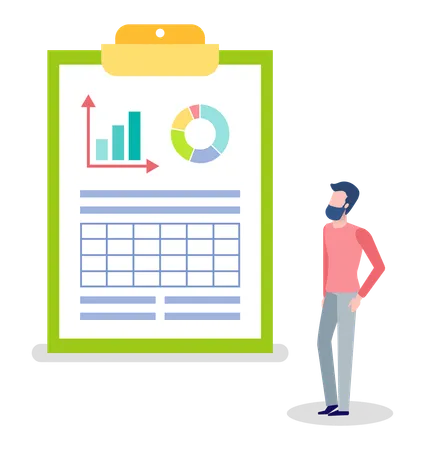 Man Looking At Statistics And Info On Board Vector Clipboard With Information In Visual Representation Infochart And Pie Diagram Colored Isolated Illustration