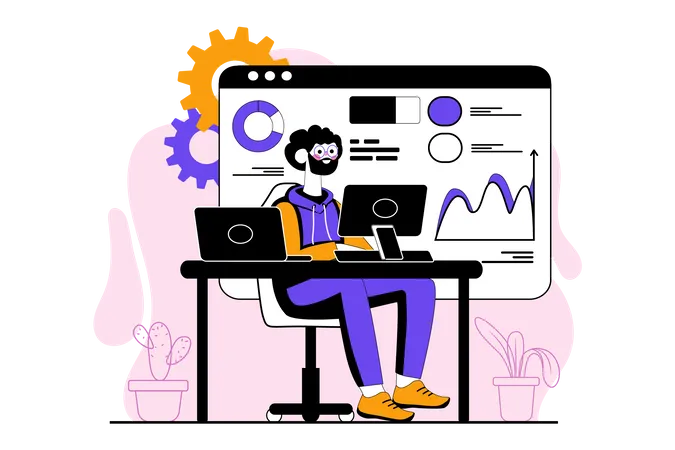 Businessman looking at statistics on computer  Illustration