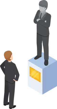 Flat 3 D Isometric Businessman Looking At Statue Of Himself Proud And Business Success Concept Illustration