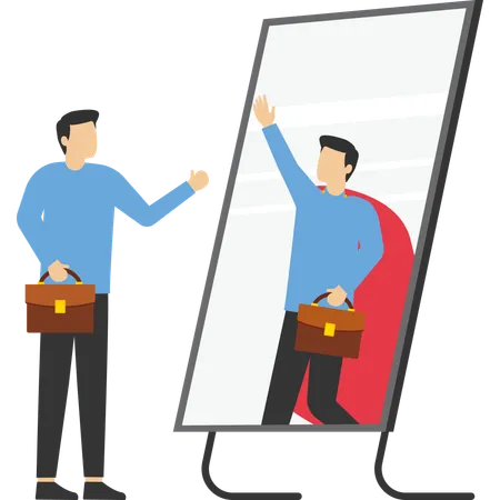 Businessman looking at strong ideal self superhero reflection mirror  Illustration