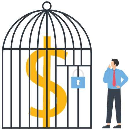 Businessman looking at the dollar inside the cage  Illustration
