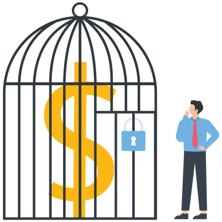 Businessman looking at the dollar inside the cage  Illustration