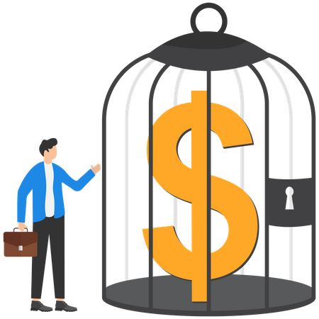 Businessman looking at the sign dollar inside cage  Illustration