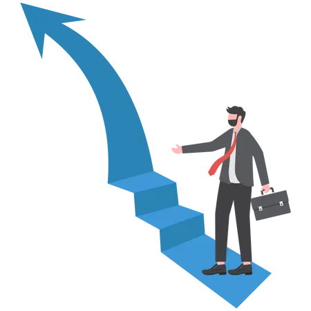 Businessman Looking At The Stairs On Top At The Peak Of Success Looks At The Top Arrow Illustration
