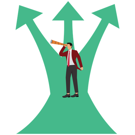 Businessman looking at the telescope on the growth and uncertainty chart  Illustration