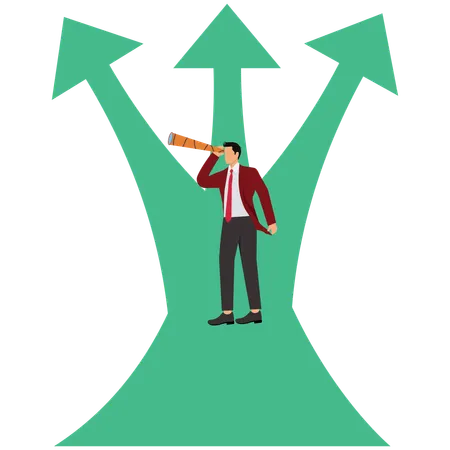 Businessman looking at the telescope on the growth and uncertainty chart  Illustration