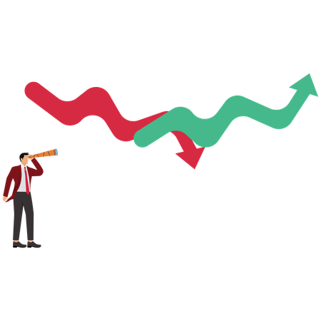 Businessman looking at the telescope on the growth and uncertainty chart  Illustration