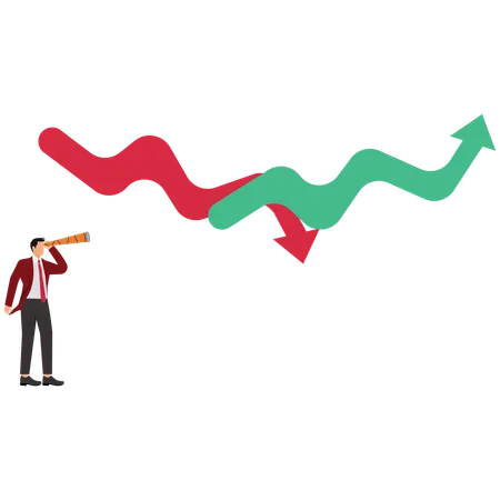 Businessman looking at the telescope on the growth and uncertainty chart  Illustration