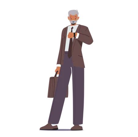 Businessman Look On Wrist Watch Waiting Meeting Or Appointment Senior Grey Haired Male Character Wear Formal Suit With Briefcase Isolated On White Background Cartoon Vector Illustration Clip Art Illustration