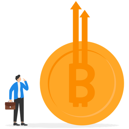 Businessman Looking Bitcoin Btc Price Soaring Sky High To Hit New High Record  Illustration
