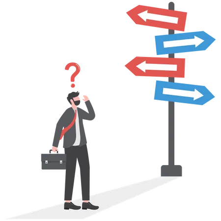 Businessman Looking Choice Sign At Multiple Road With Thinking Which Way To Go Question Mark And Right Solution People Achievement Illustration