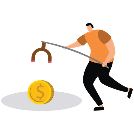 Businessman looking dollar coin in trap  Illustration