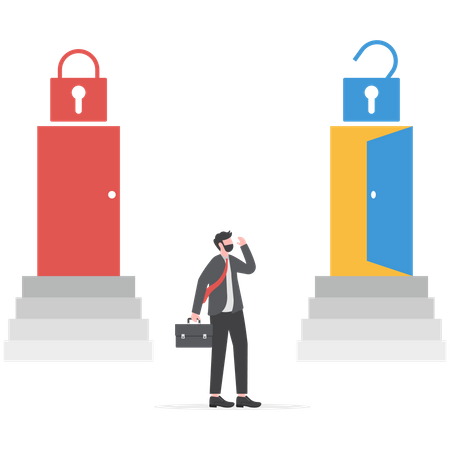 Businessman looking door two way between growth mindset and fixed mindset  Illustration