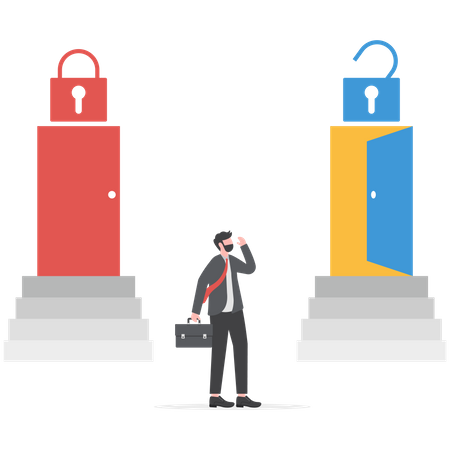 Businessman looking door two way between growth mindset and fixed mindset  イラスト