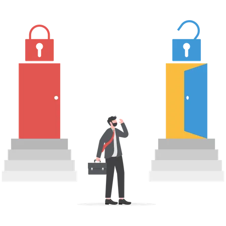 Businessman looking door two way between growth mindset and fixed mindset  Illustration