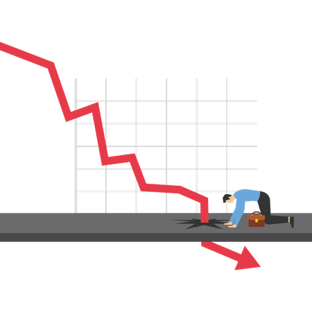 Businessman looking down at falling red arrow breaking through floor  Illustration