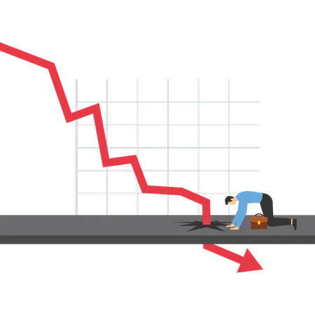 Businessman looking down at falling red arrow breaking through floor  Illustration