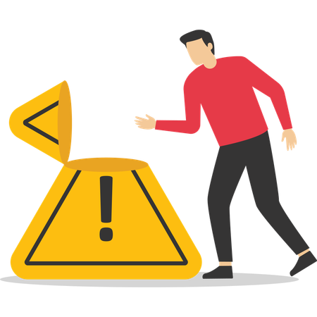 Businessman looking down thinking with big incident with exclamation attention sign  Illustration