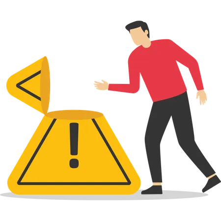 Businessman looking down thinking with big incident with exclamation attention sign  Illustration
