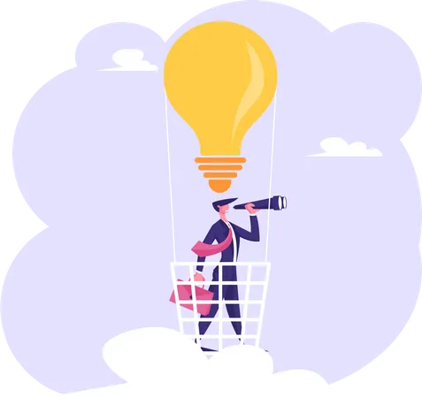 Businessman With Briefcase In Hand Stand In Light Bulb Air Balloon Basket Watching To Spyglass Business Vision Recruitment Employee Business Forecast Prediction Cartoon Flat Vector Illustration Illustration