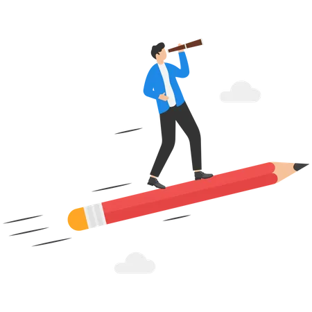 Businessman Riding Pencil Rocket Flying High Into The Sky Education Or Knowledge Help Career Development Flat Vector Illustration Illustration