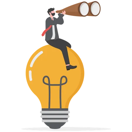 Creativity To Help See Business Opportunity Vision To Discover New Solution Or Idea Curiosity Searching For Success Concept Businessman Sit Lightbulb Idea Using Binoculars To See Business Vision Illustration