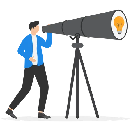 Finding Idea To Grow Business Searching For Creative Solution Discovering Innovation For Success Concept Businessman Looking For Idea Light Bulb Through Telescope Illustration