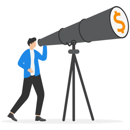 Looking For Investment Opportunities Money Visionary Searching For Yield Dividend Or Profit In Stock Market Concept Wealthy Businessman Investor Look Through Binoculars To See Money Dollar Sign Illustration