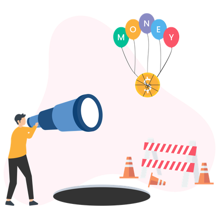 Businessman looking for money with telescope and obstacles ahead  Illustration
