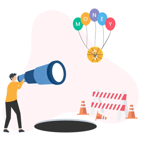 Businessman looking for money with telescope and obstacles ahead  Illustration