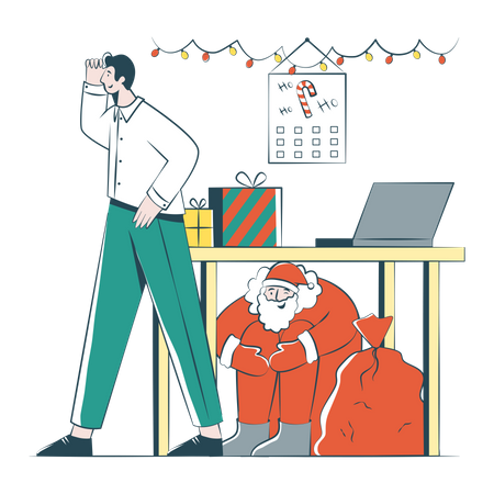Businessman Looking For Santa In The Office  Illustration