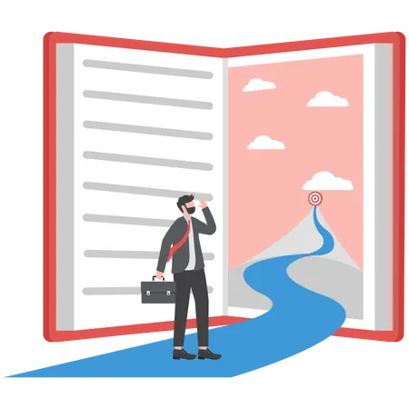 Businessman looking inside book way go to goal dream success  Illustration
