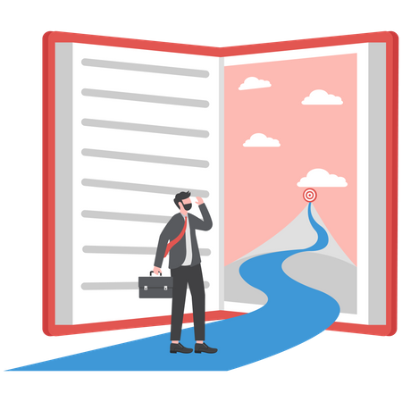 Businessman looking inside book way go to goal dream success  Illustration