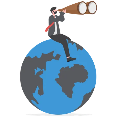 World Economic Vision Or International Opportunity For Business Work Or Investment Searching For Oversea Business Concept Smart Businessman Sit Globe Using Binoculars Looking For Future Vision Illustration