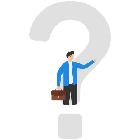 Businessman looking out from question mark and pointing to success  Illustration