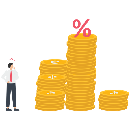 Businessman looking percentage sign on top of a stack of coin  Illustration